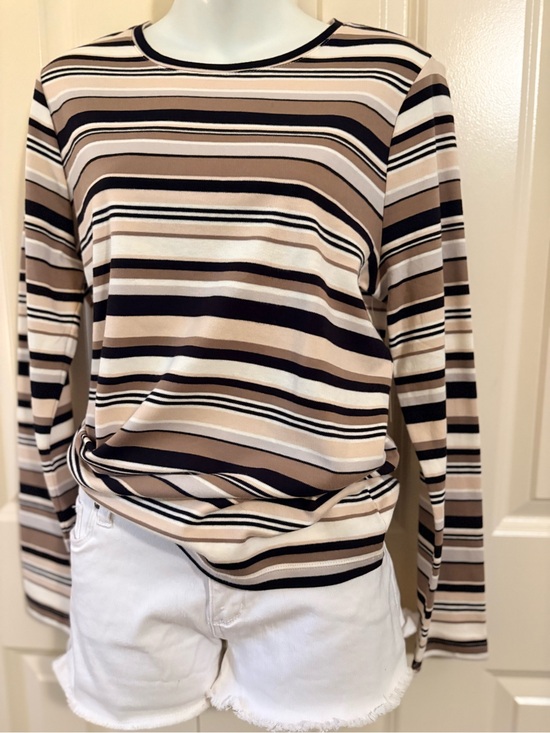 Studio Works Tops - Studio Works Striped Long-Sleeve Crewneck Top in Beige, Black, and Cream, size M